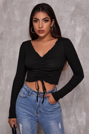 Kadın Siyah Uzun Kollu Büzdürme Bağcık Detaylı Crop Top Bluz