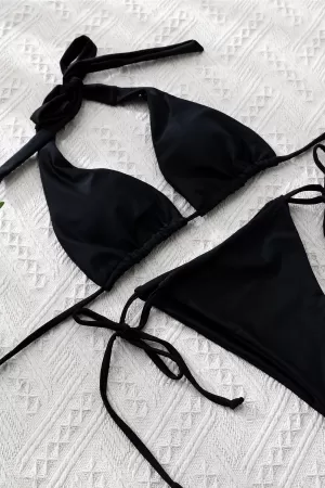 Kadın Siyah Yandan Bağlamalı Tangalı Üçgen Bikini Mayo Takımı