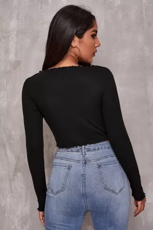 Kadın Siyah Uzun Kollu Büzdürme Bağcık Detaylı Crop Top Bluz