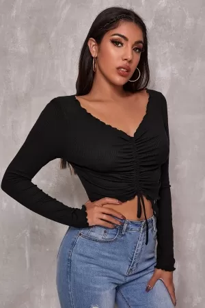 Kadın Siyah Uzun Kollu Büzdürme Bağcık Detaylı Crop Top Bluz