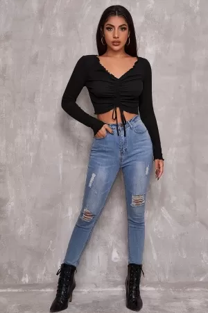 Kadın Siyah Uzun Kollu Büzdürme Bağcık Detaylı Crop Top Bluz