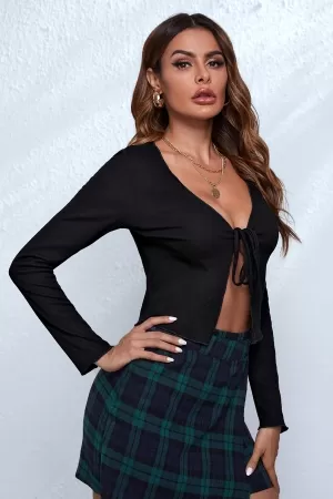 Kadın Siyah Uzun Kollu Önden Bağlama Detaylı Crop Top Bluz