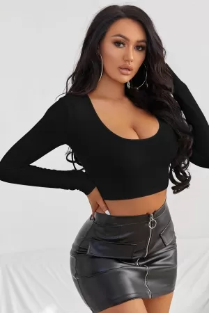 Kadın Siyah Uzun Kol Kare Yaka Crop Top Bluz