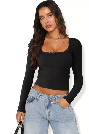 Kadın Siyah Kare Yaka Dantelli Uzun Kollu Crop Top Bluz