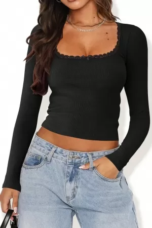 Kadın Siyah Kare Yaka Dantelli Uzun Kollu Crop Top Bluz