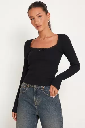 Kadın Siyah Kare Yaka Dantelli Uzun Kollu Crop Top Bluz